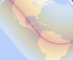 Map of the annular eclipse path shows as a thin line which starts in the Southern part or Oregon and travels southwest through Northern Nevada, through the middle of Utah, through the middle of New Mexico, and through the southern part of Texas before continuing over the ocean and across parts of Central and South America.