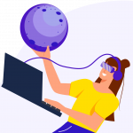 Space learning graphic with a person holding the moon in one hand and a laptop in the other while wearing headphones connected to the laptop