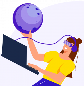 Space learning graphic with a person holding the moon in one hand and a laptop in the other while wearing headphones connected to the laptop