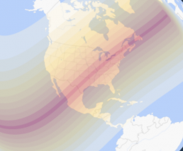 Map of North America showing the total solar eclipse map as a thin red line. The path of totality first touches Mexico. It then enters the United States at Texas and crosses diagonally Northeast all the way across the country through to Maine, and visits the maritime provinces of Canada.