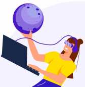 Space learning graphic with a person holding the moon in one hand and a laptop in the other while wearing headphones connected to the laptop 