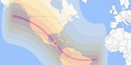 Map of the annular eclipse path crossing North America, from Oregon to Texas, and Central and South America