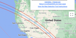 Map of the United States with a line stretching from Oregon to Texas representing the annular eclipse path. Box in the right corner above the map shows a 
