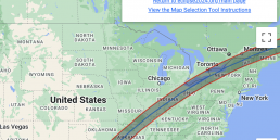 Map of the United States with a line stretching from Texas to Maine representing the total solar eclipse path. Box in the right corner above the map shows a 