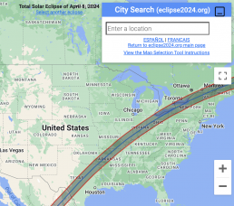 Map of the United States with a line stretching from Texas to Maine representing the total solar eclipse path. Box in the right corner above the map shows a 