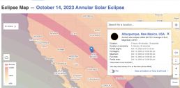Annular eclipse map highlighting Albuquerque, NM as on the path and listing the eclipse phases times in a table.