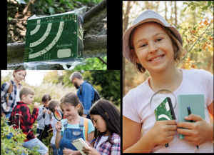 Three images. An image of an AudioMoth recording device, which is about the size of a pack of cards, in a plastic zip bag. An images of young bouts and girls outside, investigating plants and taking notes as two adults look on. Lastly an image of a young girl wearing a sun hat , standing outside and holding a magnifying glass, a notepad and pen, and an AudioMoth.