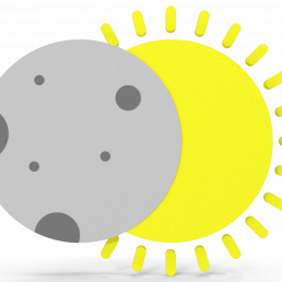 Drawing of a round moon partially covering a round yellow sun.