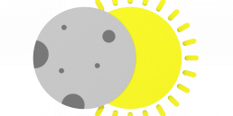 Drawing of a round moon partially covering a round yellow sun.