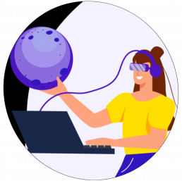 Apprentice icon, a light-skinned female presenting person holding the moon in one hand and a laptop in the other while wearing headphones connected to the laptop.