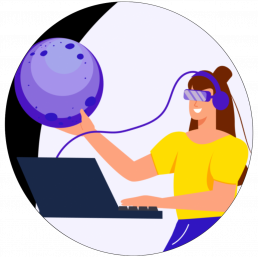 Space learning graphic with a person holding the moon in one hand and a laptop in the other while wearing headphones connected to the laptop