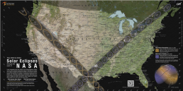 Using observations from different NASA missions, this map shows where the Moon’s shadow will cross the U.S. during the 2023 annular solar eclipse and 2024 total solar eclipse. The 2023 annular eclipse path will stretch diagonally across the United States beginning at Oregon and passing in a diagonal southeast direction across parts of California, Nevada, Utah, Arizona, Colorado, New Mexico, and Texas. the 2024 total solar eclipse path stretches across the United States from Texas to Maine. After it enters across Mexico and into Texas, the eclipse path travels across parts of Oklahoma, Arkansas, Missouri, Illinois, Kentucky, Indiana, Ohio, Pennsylvania, New York, Vermont, New Hampshire, and Maine. The eclipse will enter Canada in Southern Ontario, and continue through Quebec, New Brunswick, Prince Edward Island, and Cape Breton.