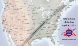 Map of the 125 mile wide shadow that is the total solar eclipse path which stretches across the United States from Texas to Maine. After it enters across Mexico and into Texas, the eclipse path travels across parts of Oklahoma, Arkansas, Missouri, Illinois, Kentucky, Indiana, Ohio, Pennsylvania, New York, Vermont, New Hampshire, and Maine. The eclipse will enter Canada in Southern Ontario, and continue through Quebec, New Brunswick, Prince Edward Island, and Cape Breton.
