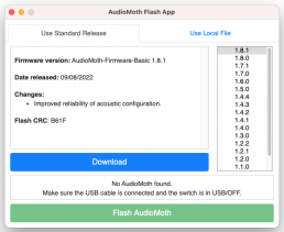 Screenshot of the open AudioMoth Flash application showing a list of versions on the right side and a blue download button in the lower middle.