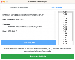 screenshot og AudioMoth flash app that says