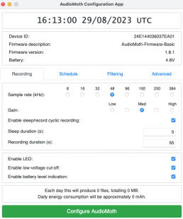 Screenshot of the AudioMoth configuration app that shows AudioMoth technical information such as the device ID, Firmware description, firmware version, and battery. It also shows the various settings that can be configured within this app which include recording. schedule, filtering, and advanced.