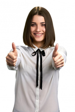 Smiling white woman giving two thumbs up.