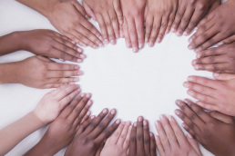 Asian African European hands with arms on a white backdrop positioned in a heart shape