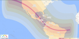 Map of the North, Central, and South America with the path of the April 8, 2023 total solar eclipse overlayed.