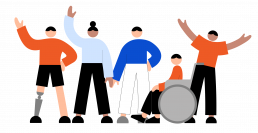 five diverse, stylized figures. From left to right: Person with a prosthetic leg, orange top, black shorts. Person with darker skin tone, light blue top, holding hands. Person with lighter skin tone, blue top, white pants. Person in a wheelchair, orange top, black shorts. Person with darker skin tone, orange top, arms raised.