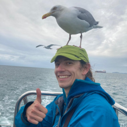 A white male presenting person wearing a blue jacket and a green cap is smiling while giving a thumbs-up on a boat. A seagull is perched on his head, standing on his cap. Another seagull is flying in the background over the ocean. The sky is cloudy, and a ship is visible in the distance.