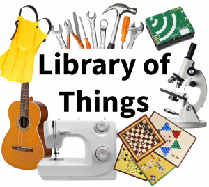 Centered text reads “Library of Things,” surrounded by smooth rubbery swim fins, metal tools (wrenches, screwdrivers, a hammer), a small square audio recorder, a microscope with protruding knobs and lenses, a smooth wooden guitar with taut strings, a sewing machine, and several flat wooden game boards, each with carved grooves and raised pegs.