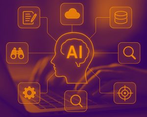 a glowing head profile with “AI” inside, connected by lines to icons representing documents, cloud storage, databases, gears, magnifying glasses, binoculars, and a target, all overlaid on a laptop keyboard background.