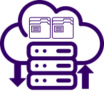 A cloud outline contains two file folders above stacked server drawers, with an upward arrow on the right and a downward arrow on the left, symbolizing data upload and download.