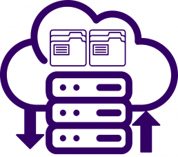 A cloud outline contains two file folders above stacked server drawers, with an upward arrow on the right and a downward arrow on the left, symbolizing data upload and download.