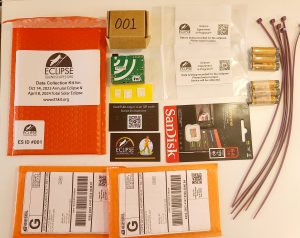 5x9 bubble envelope, 6 zip ties, 6 AA batteries, 1 microSD card, 1 AudioMoth device, 2 return envelopes