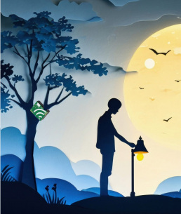 A large moon glows on the right while birds fly across the sky. On the left, a silhouetted tree holds a small AudioMoth device attached to the trunk. A person stands nearby, gently touching a lantern that gives off a warm yellow light. The landscape is made of soft blue hills and grasses.