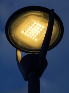 bright outdoor light turned on at dusk